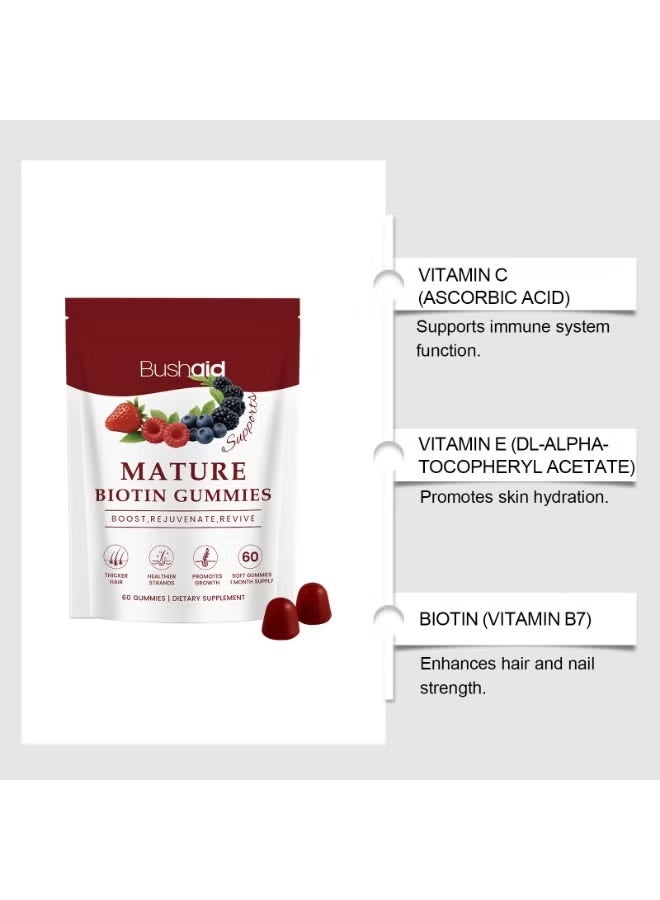 بوشيد Bushaid Mature Biotin Gummies (60 علكة) ، تحتوي على تركيز عال من البيوتين لتعزيز شعر سميك وأقوى ، مكمل غذائي. - Image 5